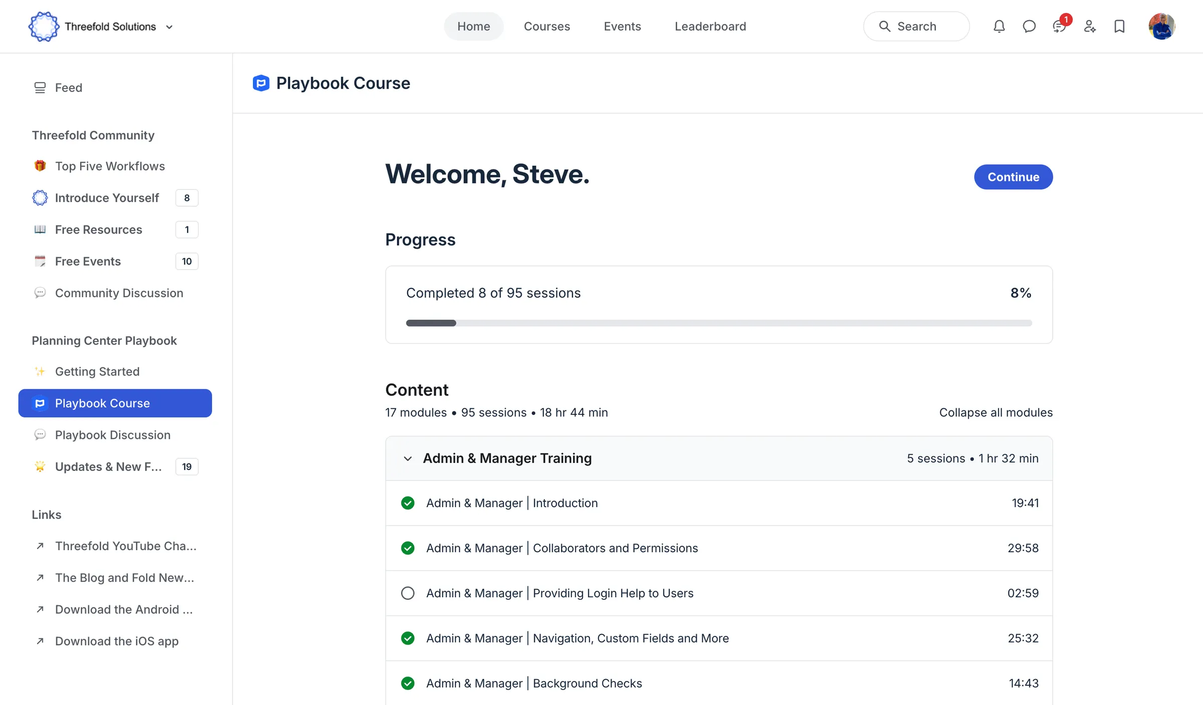The Playbook course inside the Threefold community: 17 modules, 95 sessions and 18 hours 44 minutes of video, with the Admin and Manager Training module expanded to show its five lessons and their runtimes.